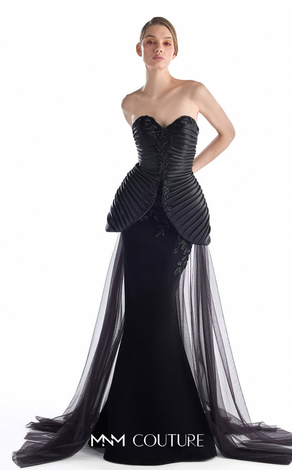 MNM Couture G2202 midnight crepe organza and lace fitted mermaid gown with strapless sweetheart neckline, pleated sculpted bodice, sculptural peplum, and flowing tulle overskirt train | Couture Shop LA.
