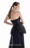 MNM Couture G2202 midnight crepe organza and lace fitted mermaid gown with strapless sweetheart neckline, pleated sculpted bodice, sculptural peplum, and flowing tulle overskirt train | Couture Shop LA.