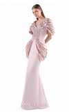MNM Couture G2204 rosewater crepe and beaded lace mermaid gown with deep V-neckline, sculptural draped shoulders, hand-beaded lace waist, and architectural hip draping | Couture Shop LA.
