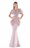 MNM Couture G2204 rosewater crepe and beaded lace mermaid gown with deep V-neckline, sculptural draped shoulders, hand-beaded lace waist, and architectural hip draping | Couture Shop LA.