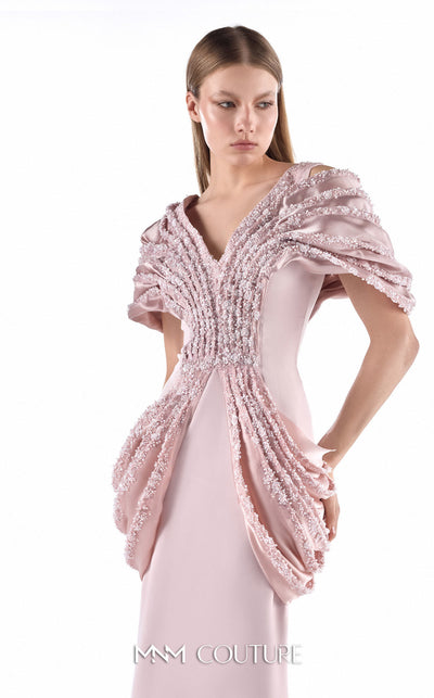 MNM Couture G2204 rosewater crepe and beaded lace mermaid gown with deep V-neckline, sculptural draped shoulders, hand-beaded lace waist, and architectural hip draping | Couture Shop LA.