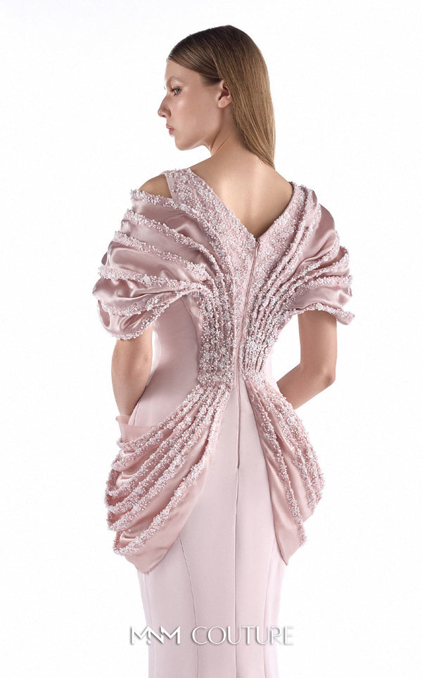 MNM Couture G2204 rosewater crepe and beaded lace mermaid gown with deep V-neckline, sculptural draped shoulders, hand-beaded lace waist, and architectural hip draping | Couture Shop LA.