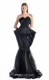 MNM Couture G2205 black organza and beaded lace mermaid gown with strapless illusion corset, hand-beaded floral lace appliqués, and sculptural pleated organza waves with train | Couture Shop LA.