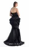 MNM Couture G2205 black organza and beaded lace mermaid gown with strapless illusion corset, hand-beaded floral lace appliqués, and sculptural pleated organza waves with train | Couture Shop LA.