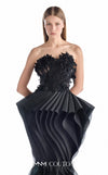 MNM Couture G2205 black organza and beaded lace mermaid gown with strapless illusion corset, hand-beaded floral lace appliqués, and sculptural pleated organza waves with train | Couture Shop LA.