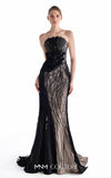 MNM Couture G2207 black beaded lace and organza strapless mermaid gown with nude illusion foundation, branch-like hand-beaded lace, and hand-manipulated organza folds with train | Couture Shop LA.