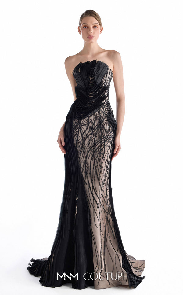 MNM Couture G2207 black beaded lace and organza strapless mermaid gown with nude illusion foundation, branch-like hand-beaded lace, and hand-manipulated organza folds with train | Couture Shop LA.