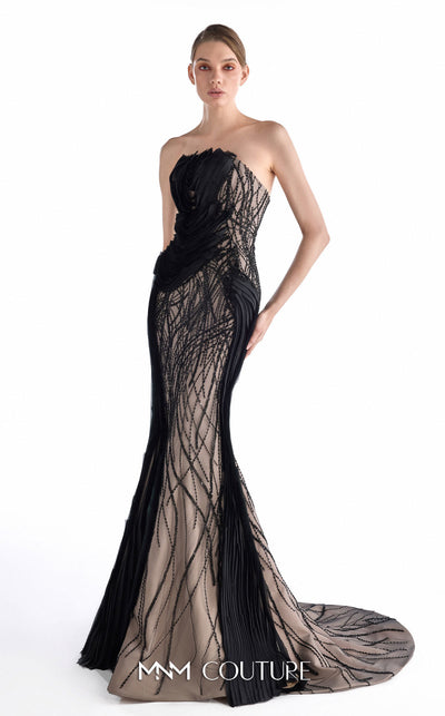 MNM Couture G2207 black beaded lace and organza strapless mermaid gown with nude illusion foundation, branch-like hand-beaded lace, and hand-manipulated organza folds with train | Couture Shop LA.