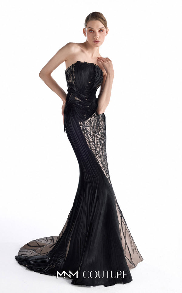 MNM Couture G2207 black beaded lace and organza strapless mermaid gown with nude illusion foundation, branch-like hand-beaded lace, and hand-manipulated organza folds with train | Couture Shop LA.