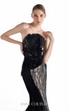 MNM Couture G2207 black beaded lace and organza strapless mermaid gown with nude illusion foundation, branch-like hand-beaded lace, and hand-manipulated organza folds with train | Couture Shop LA.