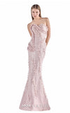MNM Couture G2208 blush beaded lace mermaid gown with sweetheart neckline, sculpted draped bodice, and three-dimensional floral appliqués in a fully embellished finish | Couture Shop LA.