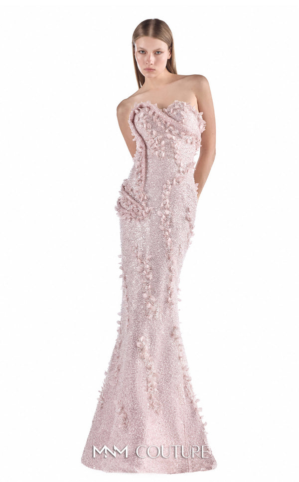 MNM Couture G2208 blush beaded lace mermaid gown with sweetheart neckline, sculpted draped bodice, and three-dimensional floral appliqués in a fully embellished finish | Couture Shop LA.
