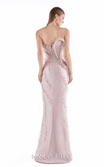 MNM Couture G2208 blush beaded lace mermaid gown with sweetheart neckline, sculpted draped bodice, and three-dimensional floral appliqués in a fully embellished finish | Couture Shop LA.