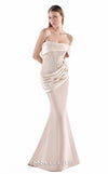 MNM Couture G2212 crepe and crystal organza off-shoulder mermaid gown with sheer structured corset, sculptural draping, and asymmetrical draped hip detail | Couture Shop LA.