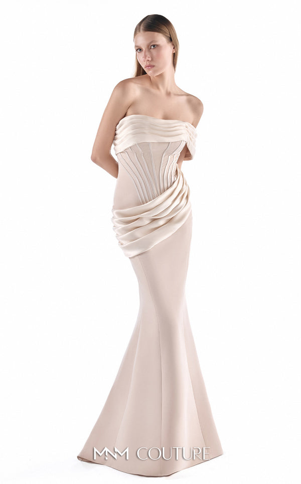 MNM Couture G2212 crepe and crystal organza off-shoulder mermaid gown with sheer structured corset, sculptural draping, and asymmetrical draped hip detail | Couture Shop LA.