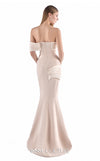 MNM Couture G2212 crepe and crystal organza off-shoulder mermaid gown with sheer structured corset, sculptural draping, and asymmetrical draped hip detail | Couture Shop LA.