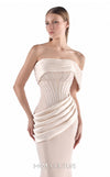 MNM Couture G2212 crepe and crystal organza off-shoulder mermaid gown with sheer structured corset, sculptural draping, and asymmetrical draped hip detail | Couture Shop LA.