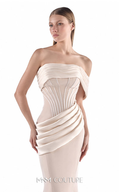 MNM Couture G2212 crepe and crystal organza off-shoulder mermaid gown with sheer structured corset, sculptural draping, and asymmetrical draped hip detail | Couture Shop LA.