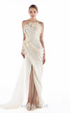 MNM Couture G2214 ivory beaded lace and crystal organza asymmetrical strapless mermaid gown with three-dimensional flowers and flowing organza train | Couture Shop LA.