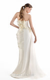 MNM Couture G2214 ivory beaded lace and crystal organza asymmetrical strapless mermaid gown with three-dimensional flowers and flowing organza train | Couture Shop LA.