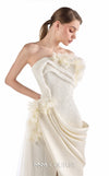 MNM Couture G2214 ivory beaded lace and crystal organza asymmetrical strapless mermaid gown with three-dimensional flowers and flowing organza train | Couture Shop LA.