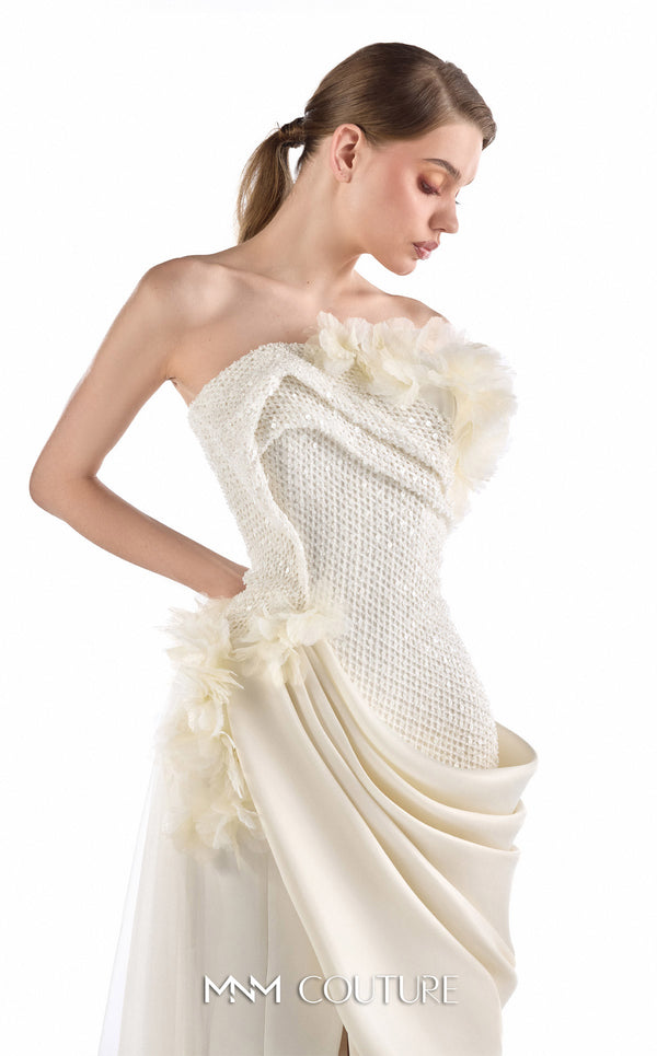 MNM Couture G2214 ivory beaded lace and crystal organza asymmetrical strapless mermaid gown with three-dimensional flowers and flowing organza train | Couture Shop LA.