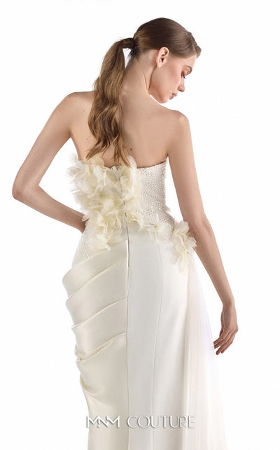MNM Couture G2214 ivory beaded lace and crystal organza asymmetrical strapless mermaid gown with three-dimensional flowers and flowing organza train | Couture Shop LA.