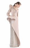 MNM Couture G2216 nude crepe and beaded sequin column gown with asymmetrical off-shoulder neckline, ruched long sleeves, architectural peplum, and beaded sequin panel | Couture Shop LA.