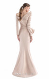 MNM Couture G2216 nude crepe and beaded sequin column gown with asymmetrical off-shoulder neckline, ruched long sleeves, architectural peplum, and beaded sequin panel | Couture Shop LA.