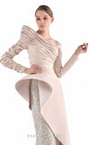 MNM Couture G2216 nude crepe and beaded sequin column gown with asymmetrical off-shoulder neckline, ruched long sleeves, architectural peplum, and beaded sequin panel | Couture Shop LA.