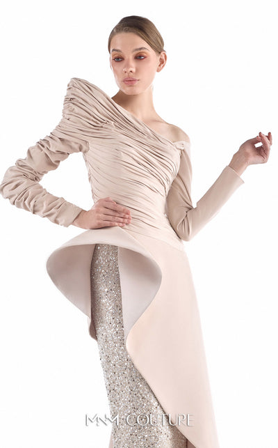 MNM Couture G2216 nude crepe and beaded sequin column gown with asymmetrical off-shoulder neckline, ruched long sleeves, architectural peplum, and beaded sequin panel | Couture Shop LA.