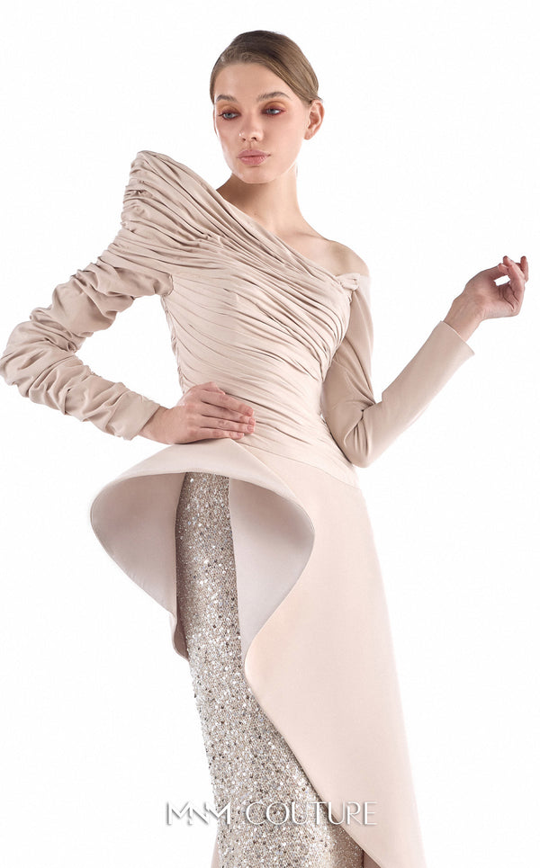MNM Couture G2216 nude crepe and beaded sequin column gown with asymmetrical off-shoulder neckline, ruched long sleeves, architectural peplum, and beaded sequin panel | Couture Shop LA.