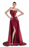 MNM Couture G2218 burgundy crystal organza and crepe strapless column gown with structured vertical-contour corset, draped overskirt, thigh-high slit, and dramatic train | Couture Shop LA.