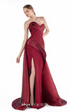 MNM Couture G2218 burgundy crystal organza and crepe strapless column gown with structured vertical-contour corset, draped overskirt, thigh-high slit, and dramatic train | Couture Shop LA.