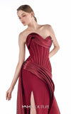 MNM Couture G2218 burgundy crystal organza and crepe strapless column gown with structured vertical-contour corset, draped overskirt, thigh-high slit, and dramatic train | Couture Shop LA.