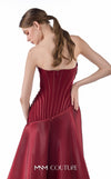 MNM Couture G2218 burgundy crystal organza and crepe strapless column gown with structured vertical-contour corset, draped overskirt, thigh-high slit, and dramatic train | Couture Shop LA.