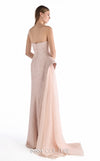 MNM Couture G2223 blush lace, crepe, and organza strapless column gown with intricate all-over embellishment, sculptural asymmetric peplum, and flowing organza overskirt with floor-length train | Couture Shop LA.