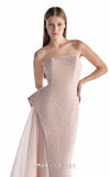 MNM Couture G2223 blush lace, crepe, and organza strapless column gown with intricate all-over embellishment, sculptural asymmetric peplum, and flowing organza overskirt with floor-length train | Couture Shop LA.