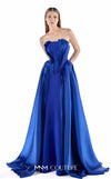 MNM Couture G2225 sapphire crepe and satin organza strapless straight column gown with sculptural pleated satin organza bodice and detachable overskirt with floor-length train | Couture Shop LA.