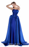 MNM Couture G2225 sapphire crepe and satin organza strapless straight column gown with sculptural pleated satin organza bodice and detachable overskirt with floor-length train | Couture Shop LA.
