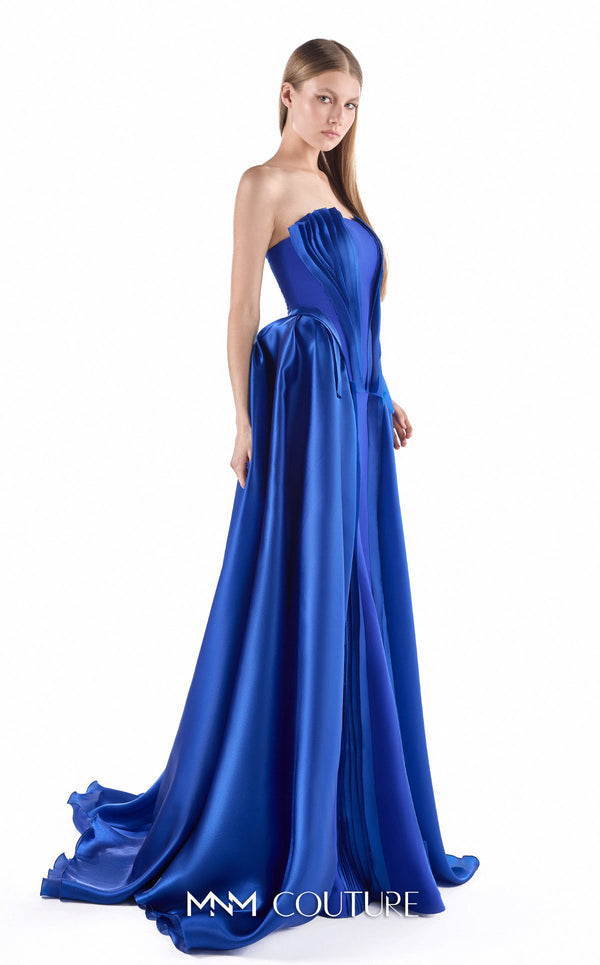 MNM Couture G2225 sapphire crepe and satin organza strapless straight column gown with sculptural pleated satin organza bodice and detachable overskirt with floor-length train | Couture Shop LA.