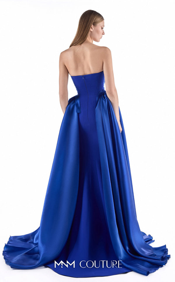 MNM Couture G2225 sapphire crepe and satin organza strapless straight column gown with sculptural pleated satin organza bodice and detachable overskirt with floor-length train | Couture Shop LA.