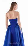 MNM Couture G2225 sapphire crepe and satin organza strapless straight column gown with sculptural pleated satin organza bodice and detachable overskirt with floor-length train | Couture Shop LA.