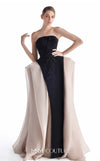 MNM Couture G2226 black and blush crepe and organza gommé strapless column gown with hand-embroidered floral appliqué and sculptural organza godets | Couture Shop LA.