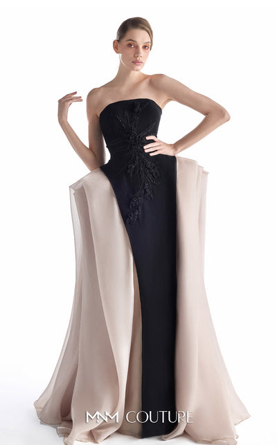 MNM Couture G2226 black and blush crepe and organza gommé strapless column gown with hand-embroidered floral appliqué and sculptural organza godets | Couture Shop LA.