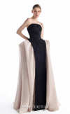 MNM Couture G2226 black and blush crepe and organza gommé strapless column gown with hand-embroidered floral appliqué and sculptural organza godets | Couture Shop LA.