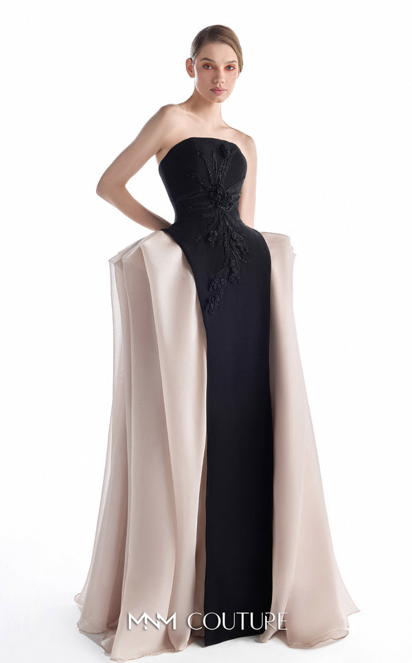 MNM Couture G2226 black and blush crepe and organza gommé strapless column gown with hand-embroidered floral appliqué and sculptural organza godets | Couture Shop LA.