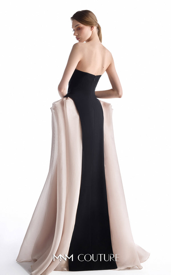 MNM Couture G2226 black and blush crepe and organza gommé strapless column gown with hand-embroidered floral appliqué and sculptural organza godets | Couture Shop LA.