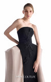 MNM Couture G2226 black and blush crepe and organza gommé strapless column gown with hand-embroidered floral appliqué and sculptural organza godets | Couture Shop LA.