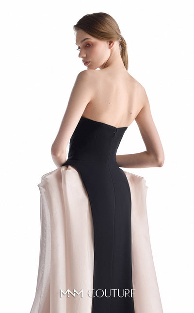 MNM Couture G2226 black and blush crepe and organza gommé strapless column gown with hand-embroidered floral appliqué and sculptural organza godets | Couture Shop LA.